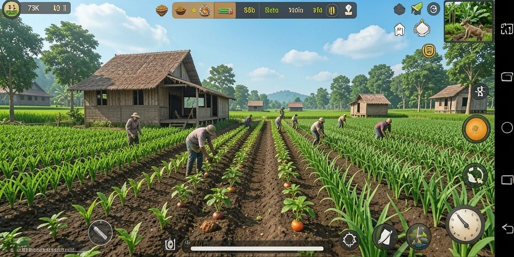 Tampilan gameplay 73K dengan ladang pertanian yang subur.
