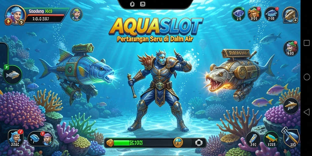 Tangkapan layar AQUASLOT menampilkan aksi seru dan karakter yang dinamis.