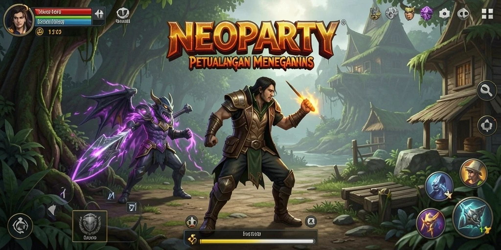 Tampilan gameplay RPG NEOPARTY yang epik dan mendebarkan.