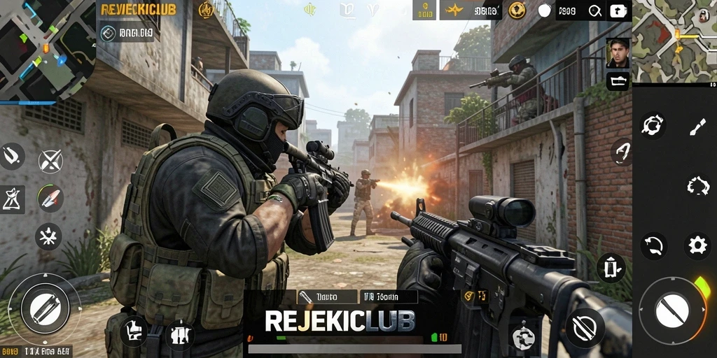 Tampilan gameplay menegangkan di REJEKICLUB dengan aksi tembak-menembak yang seru.