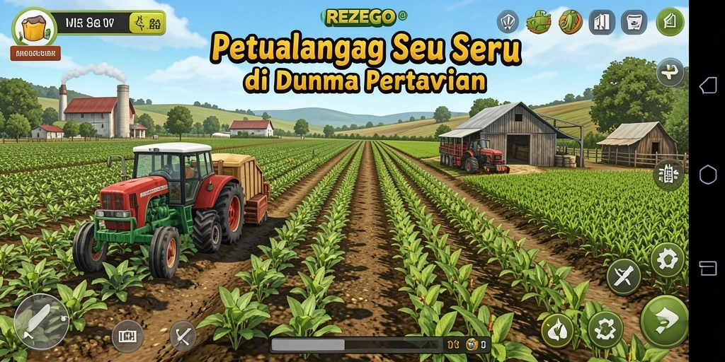 Screenshot gameplay REZEGO menunjukkan petualangan memanen di ladang pertanian.