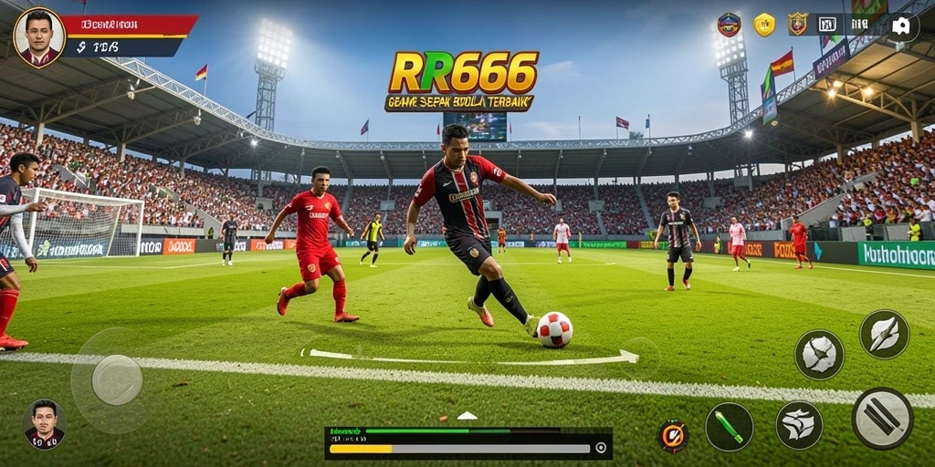 Screenshot utama RR666 menampilkan gameplay sepak bola yang intens.